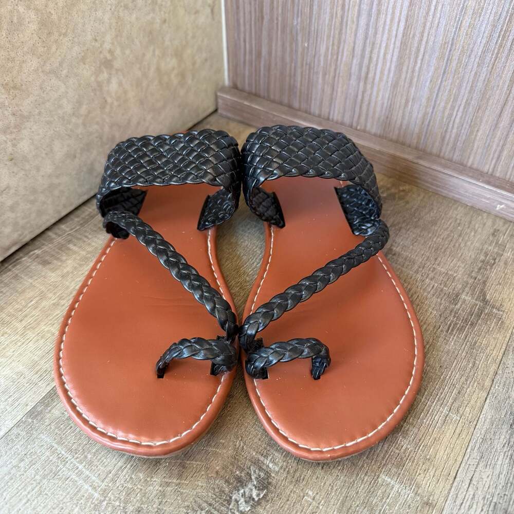 Women's Black Woven Strap Thong Flat Sandals